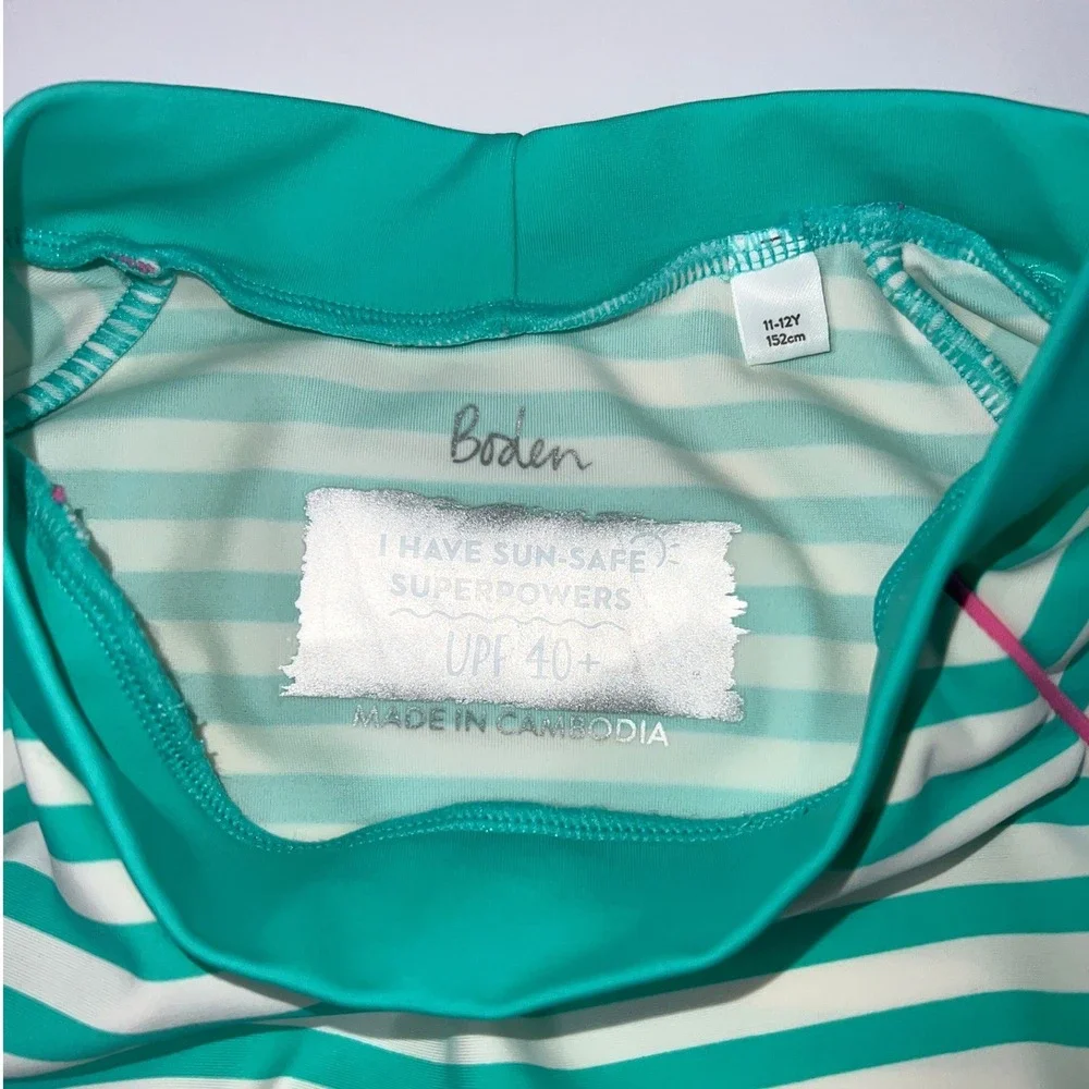 Boden Sunsafe Rash Vest 11-12Y Green Stripe UPF 40+ Long‎ Sleeve Swim Top Beach